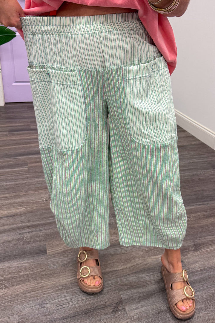 mint yellow and pink vertical striped elastic waistband barrel leg cotton pants