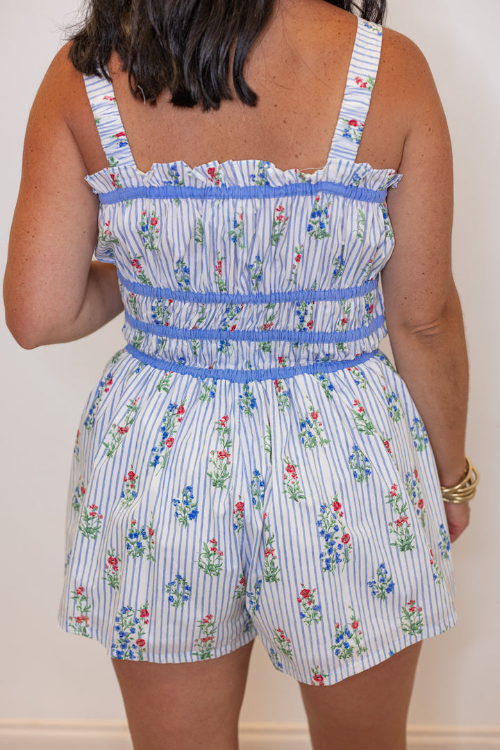 UMGEE blue micro floral print smocked romper back