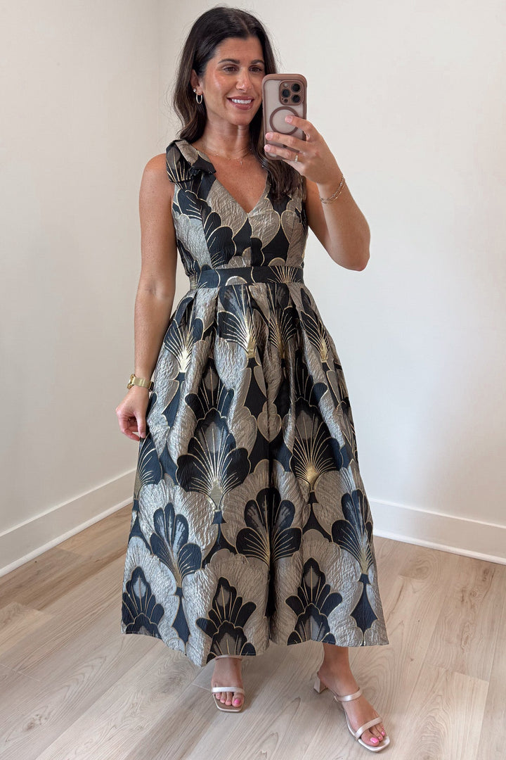 light mocha and black floral print with gold metallic accents sleeveless midi dress