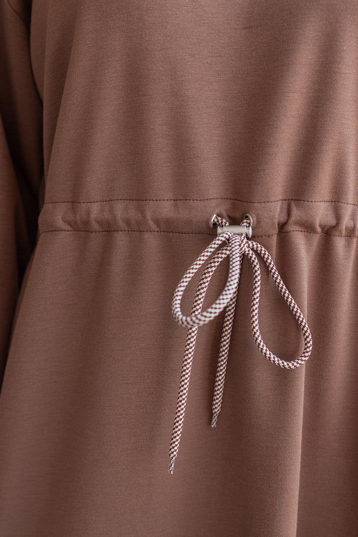 Women's mocha brown scuba knit dress by Jodifl showing self tie detail