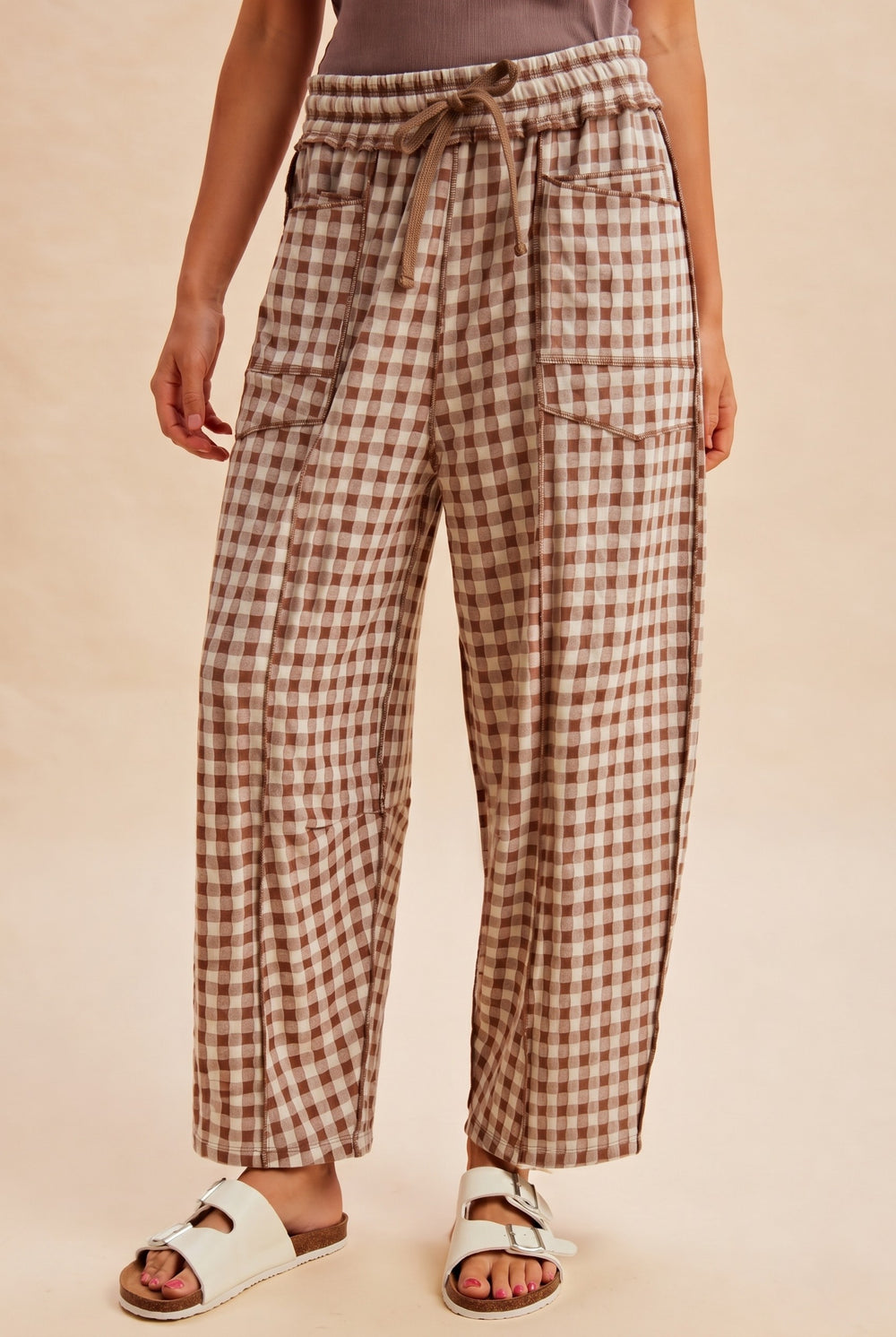 mocha brown gingham knit pants pockets