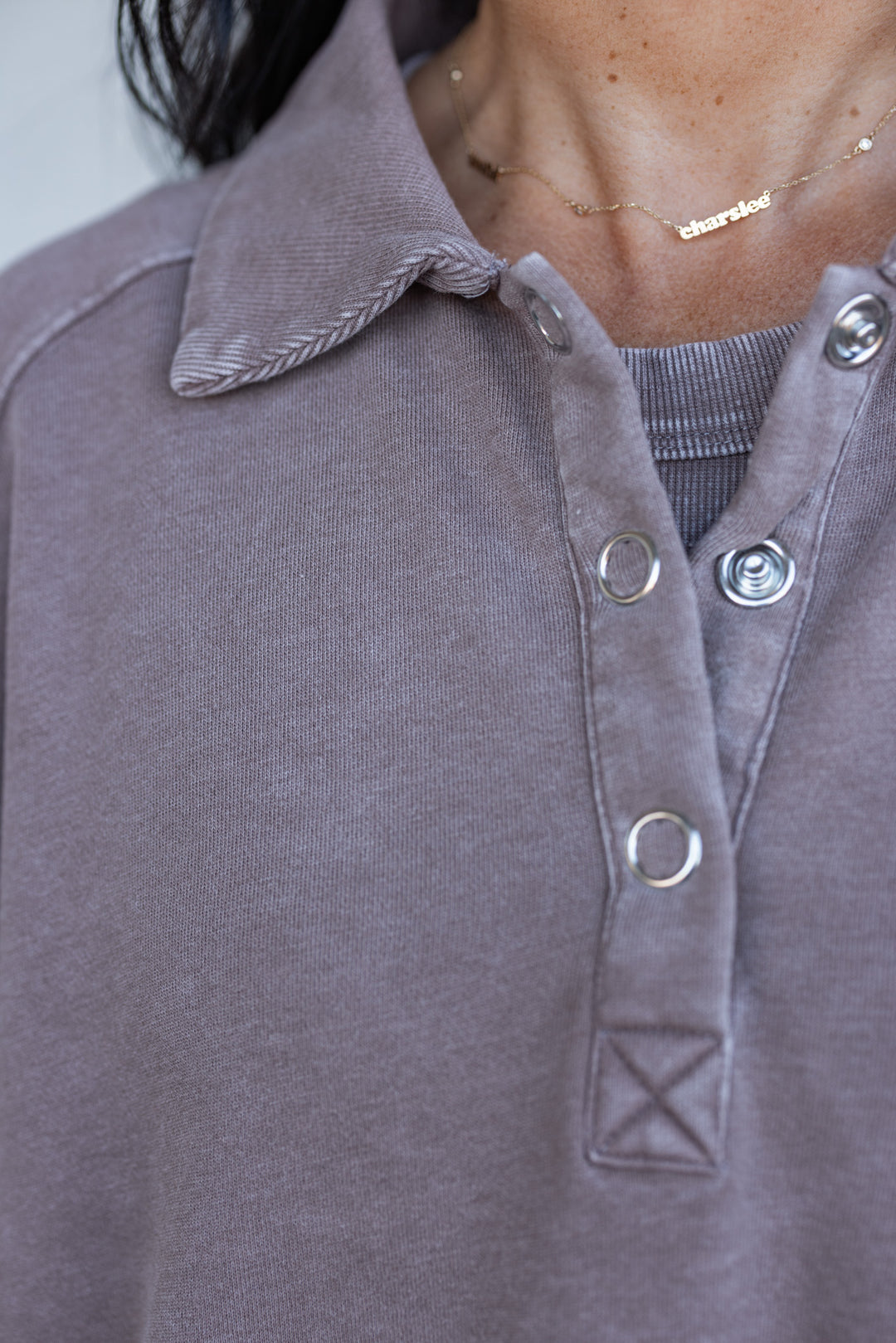 mocha brown button neckline pullover top detail