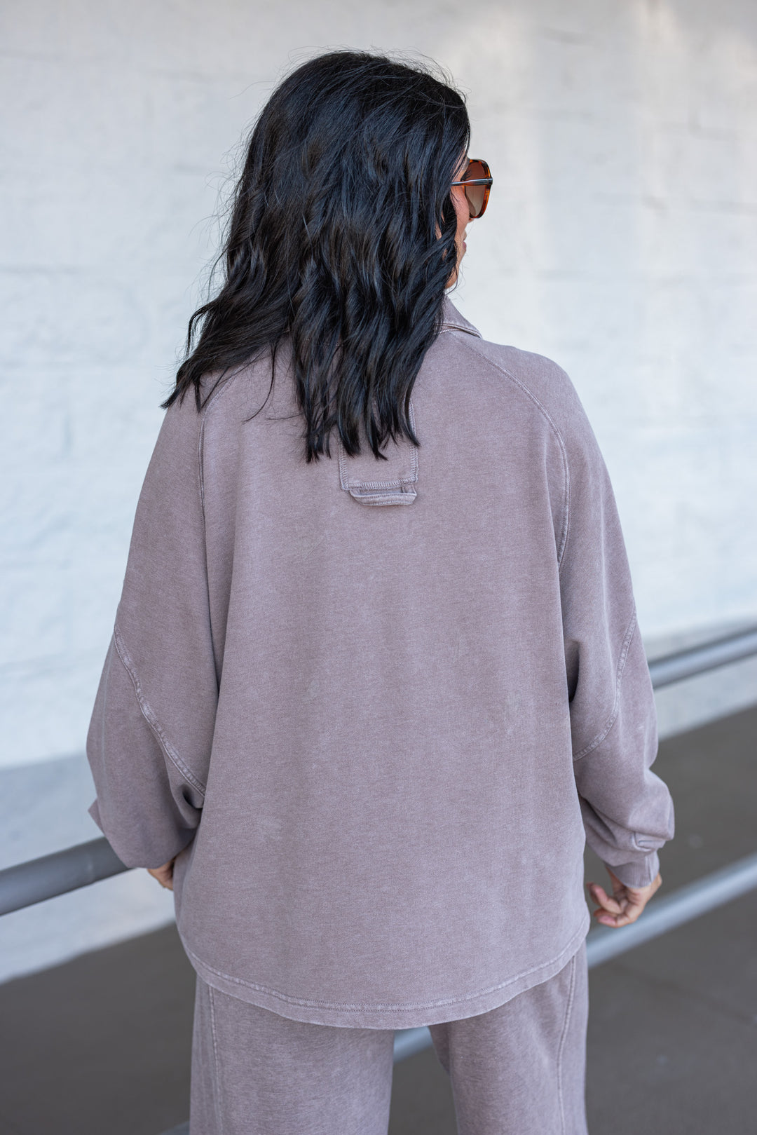 mocha brown button neckline pullover top back view