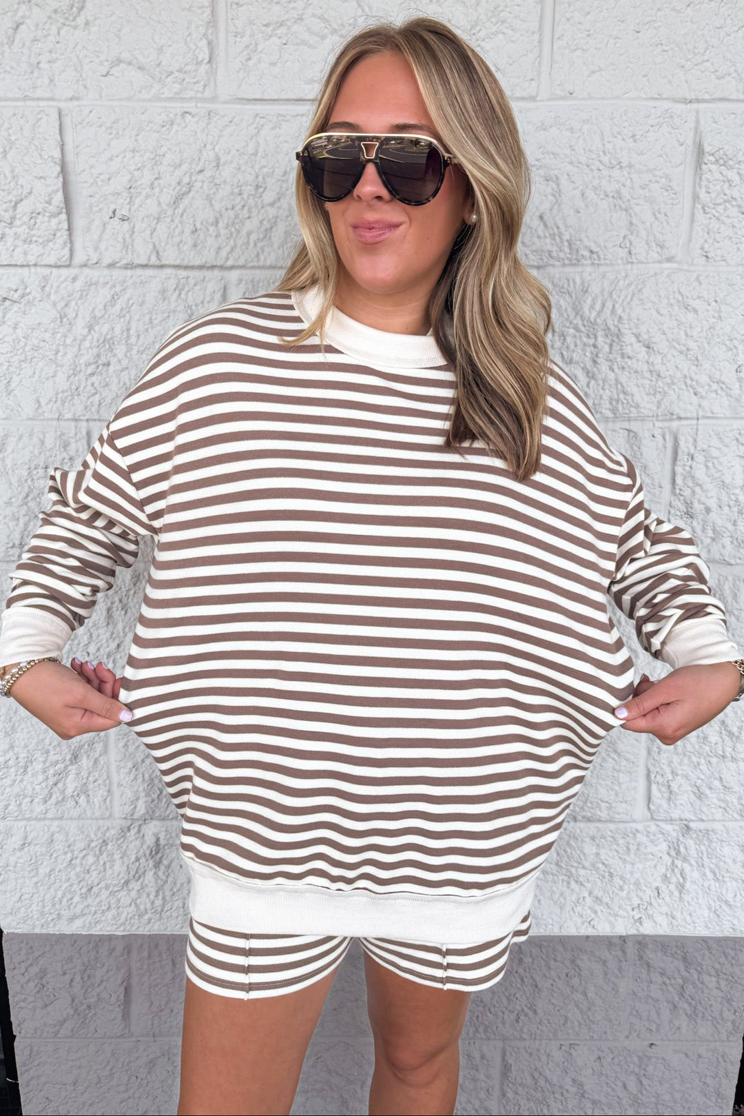 mocha brown and cream striped relaxed silhouette pullover and shorts matching knit set