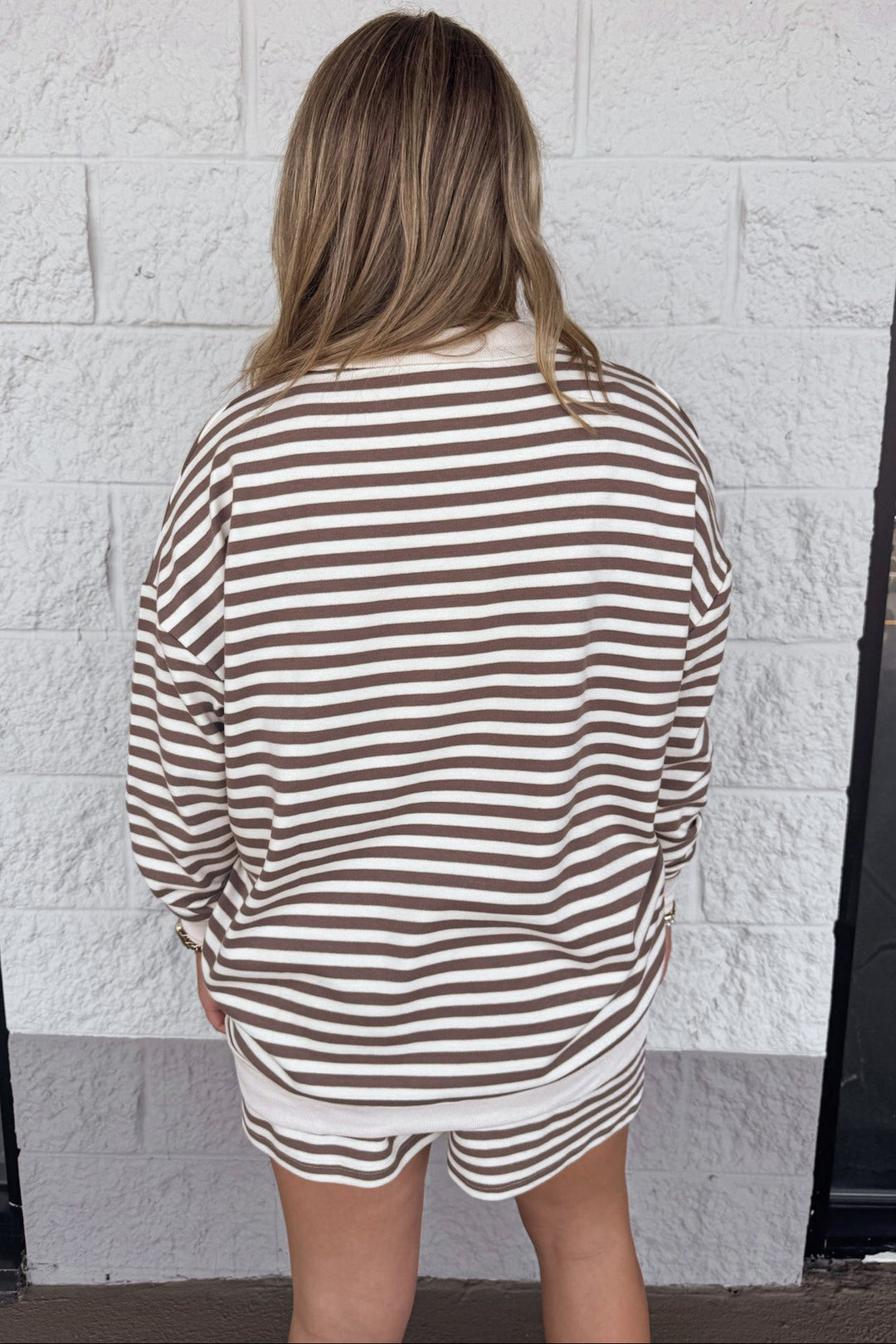 mocha brown and cream striped ribbed trim pullover and shorts matching knit set