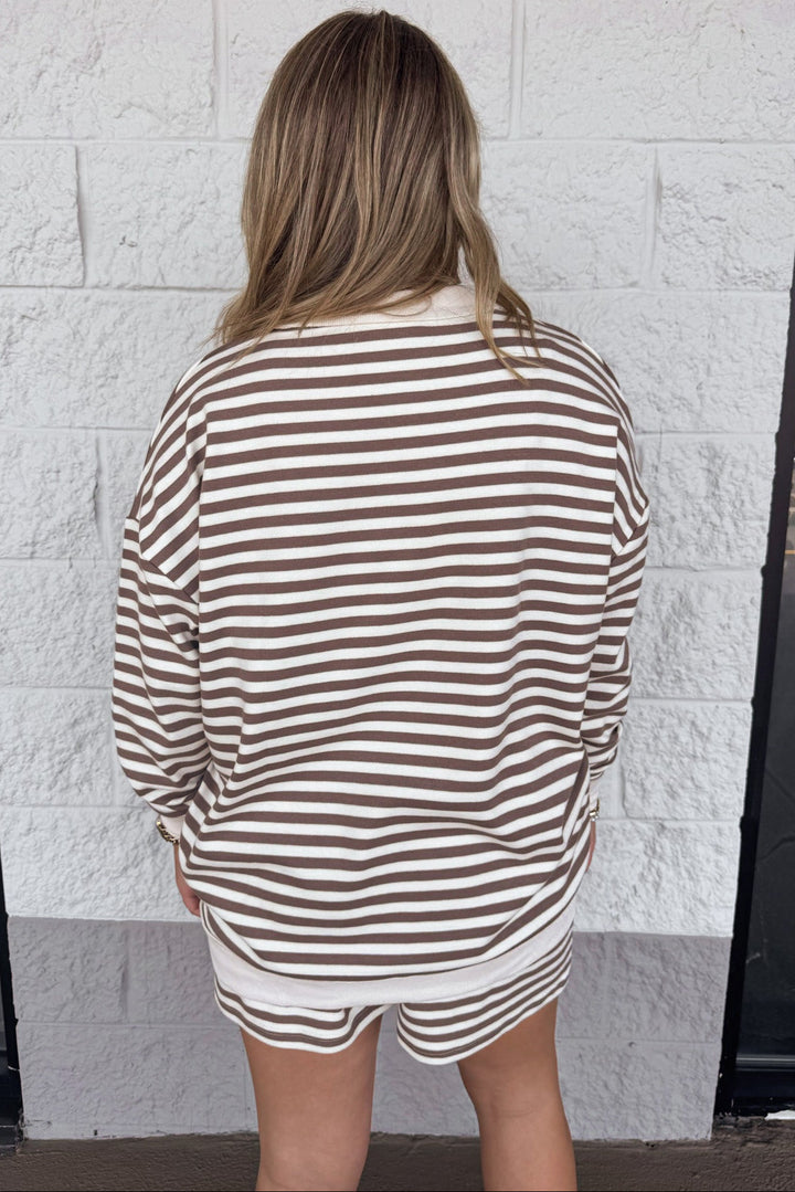 mocha brown and cream striped ribbed trim pullover and shorts matching knit set