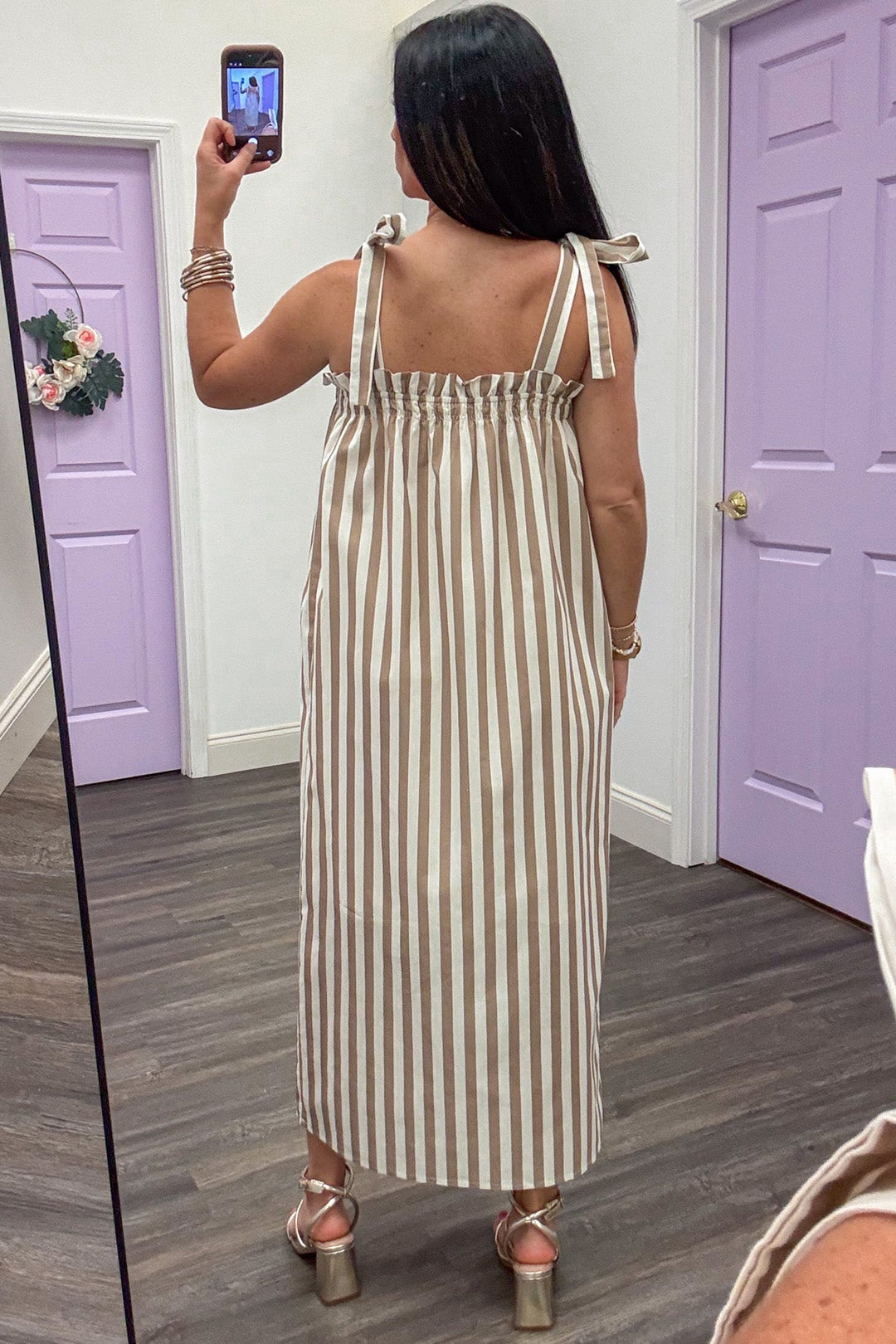 mocha and cream vertical striped sleeveless bow tie strap poplin midi dress