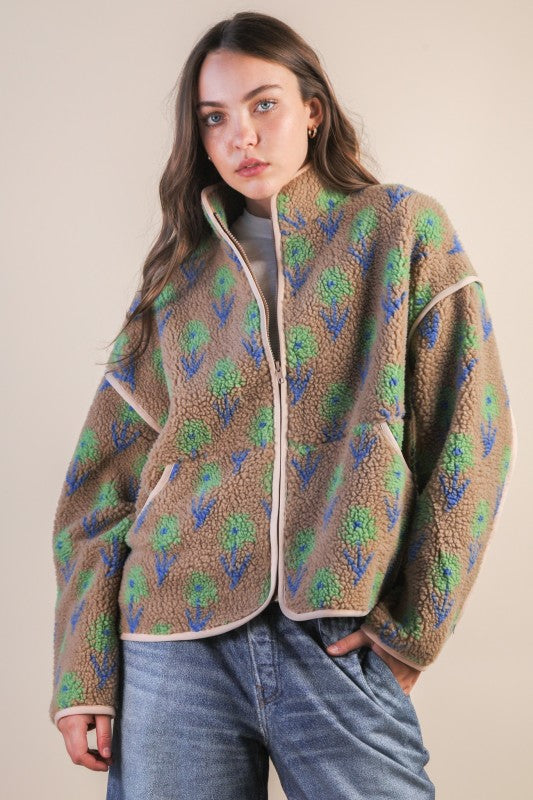 Winter Florals Mocha Sherpa Jacket