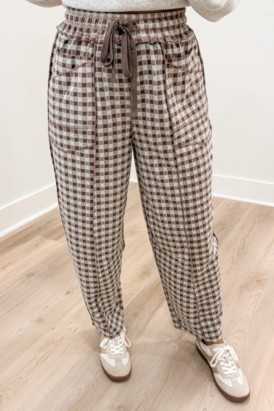 mocha brown and ivory gingham checkered print drawstring waist knit barrel leg pants