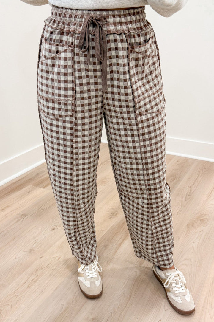 mocha brown and ivory gingham checkered print drawstring waist knit barrel leg pants