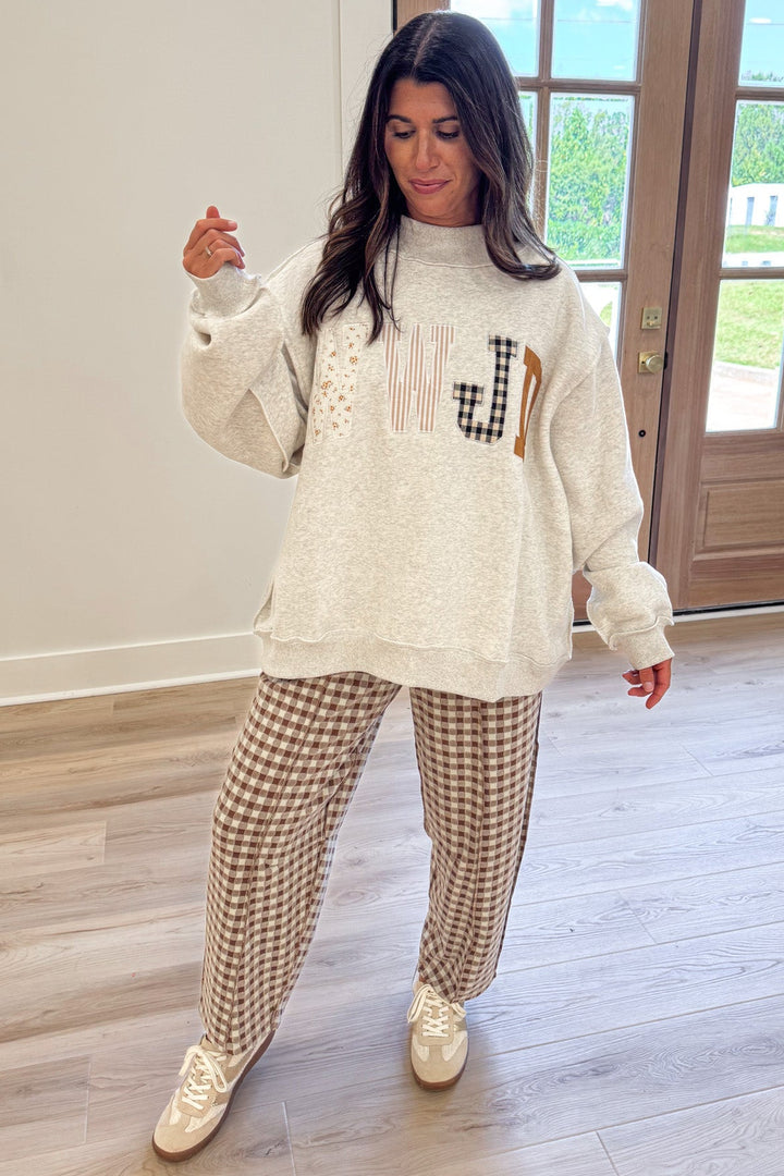 mocha brown and ivory gingham checkered print knit barrel leg pants