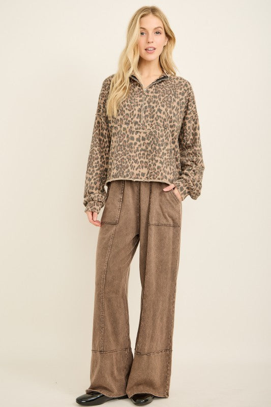 Women's washed mocha knit quarter zip pullover top in leopard print by j.her showing full front view