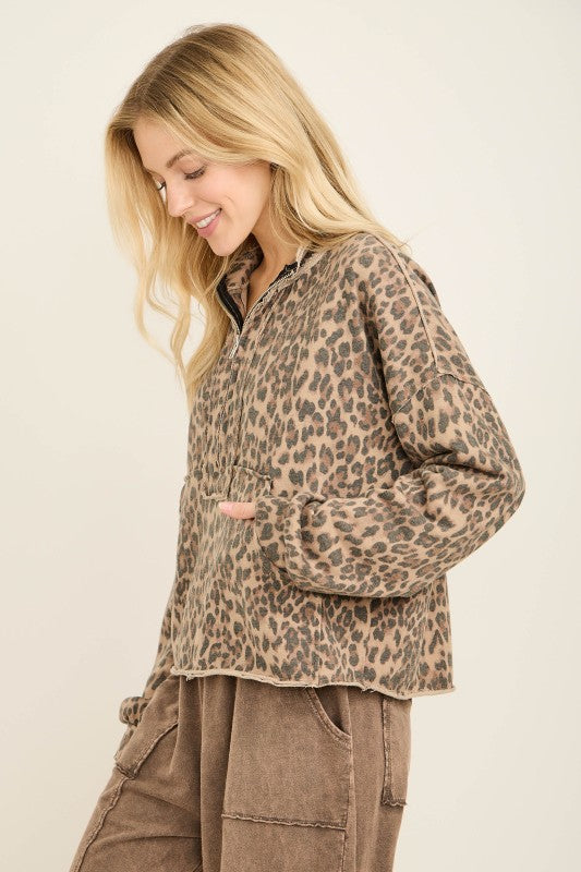 Women's Washed Mocha Leopard Print Quarter Zip Pullover – Purple
