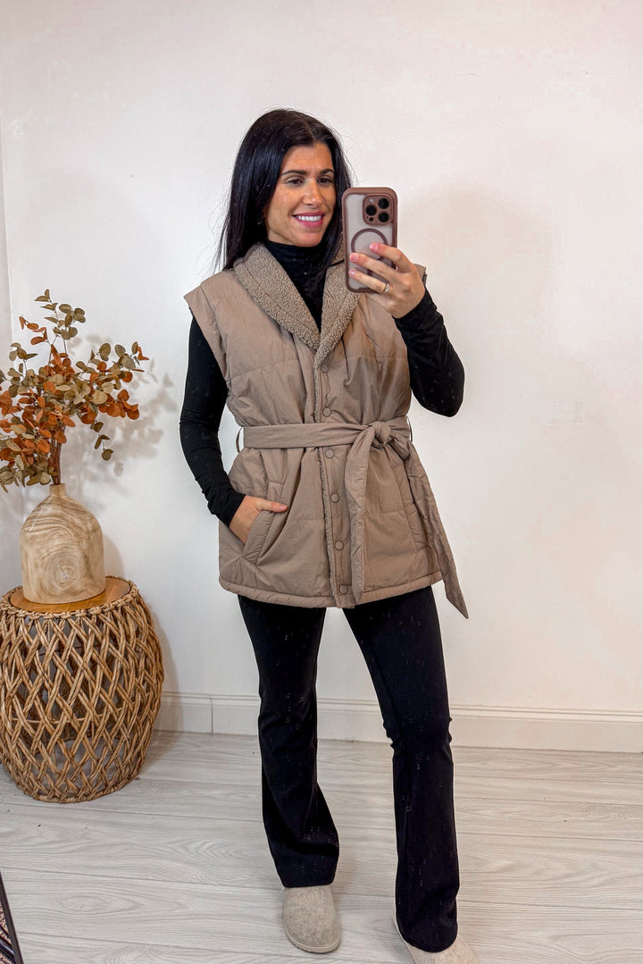 mocha reversible puffer vest
