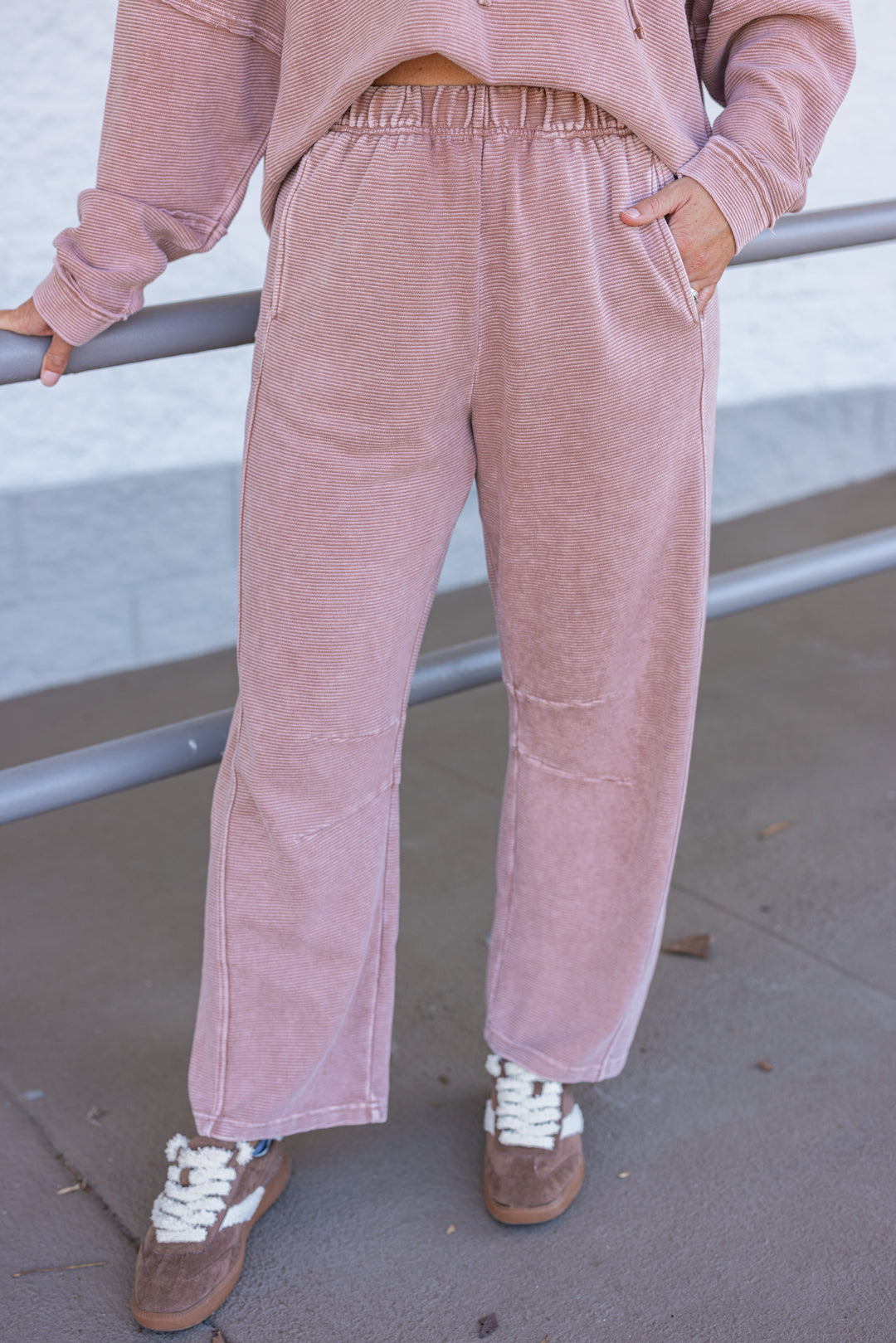 Women's mineral washed light mocha ribbed knit barrel pants by Easel