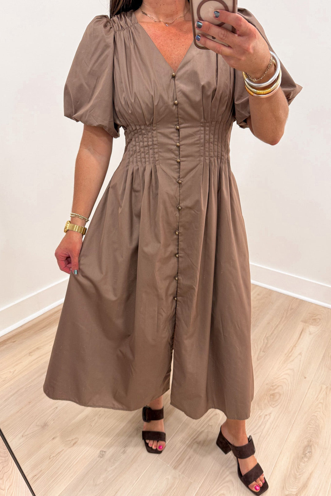 solid mocha brown cuffed short puff sleeve button front closure v neckline midi dress