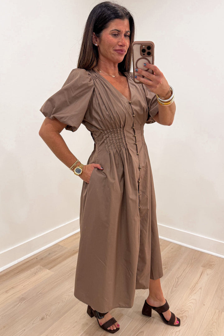 solid mocha brown puff sleeve button front closure v neckline midi dress with side pockets