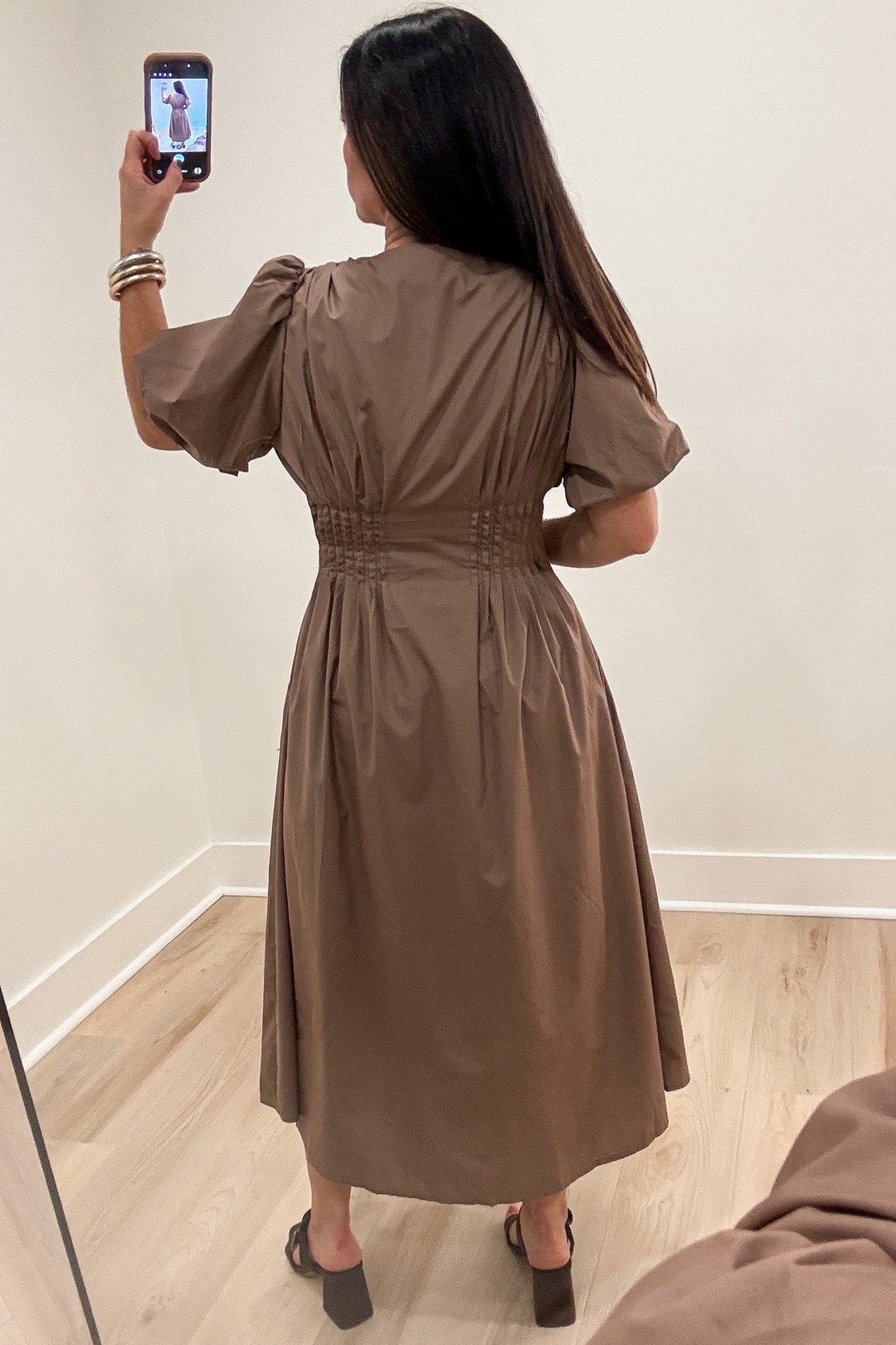 solid mocha brown puff sleeve button front closure v neckline midi dress with gathered pintuck details