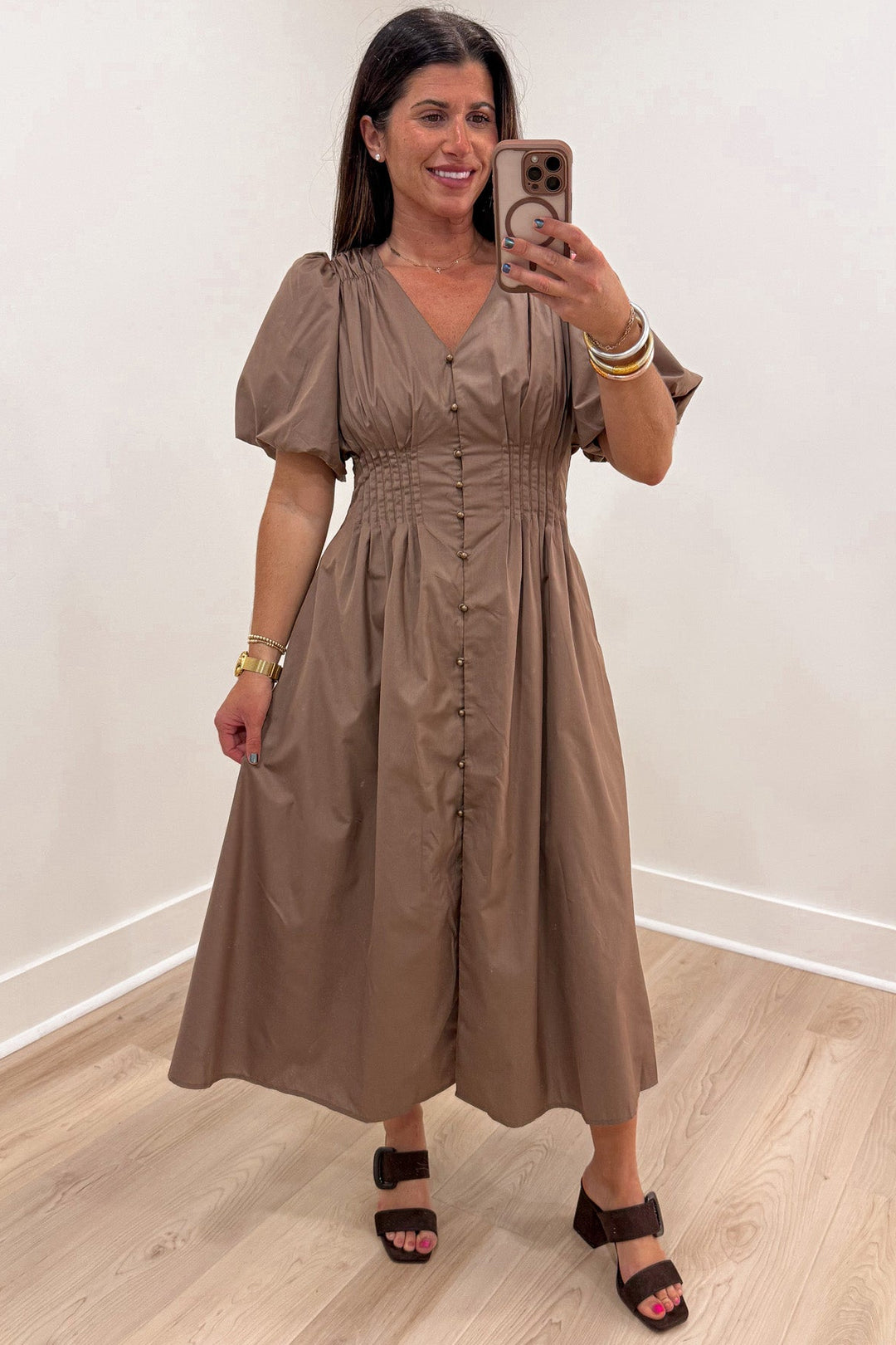solid mocha brown puff sleeve button front closure v neckline midi dress