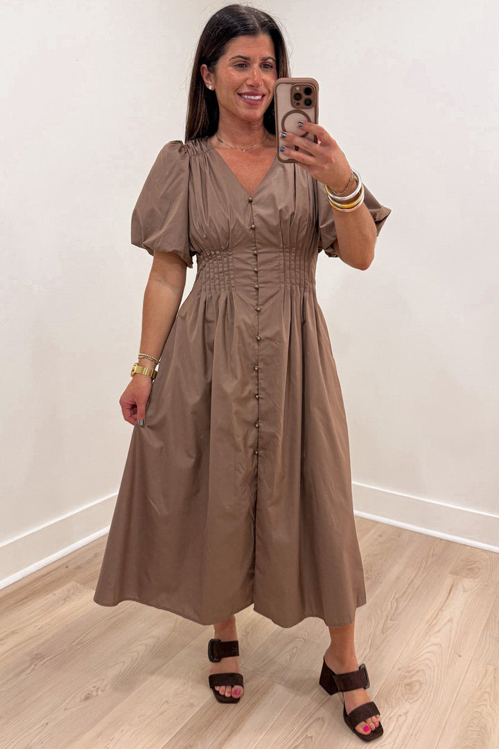 solid mocha brown puff sleeve button front closure v neckline midi dress