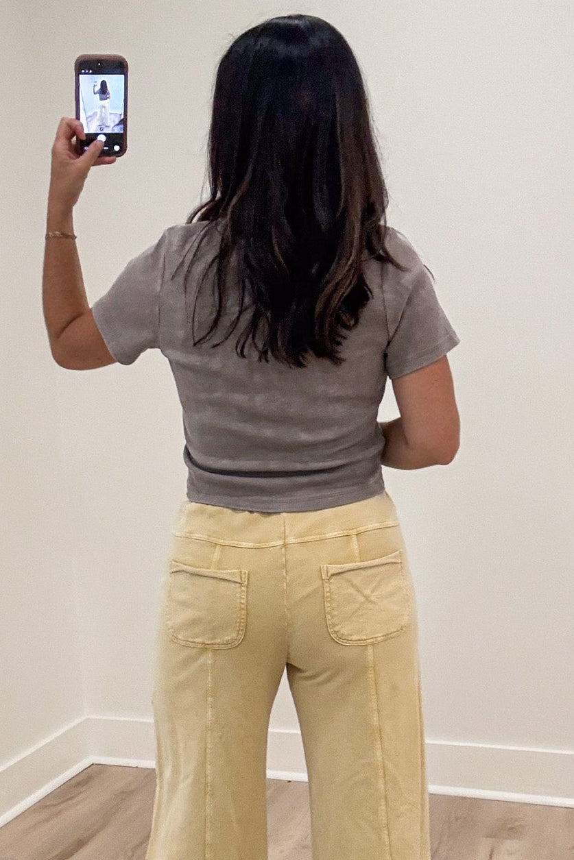 solid mocha brown short sleeve crew neckline semi-cropped ribbed baby tee