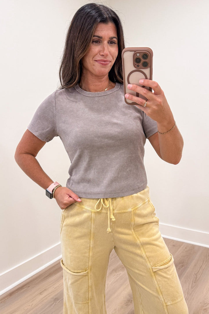 solid mocha brown short sleeve crew neckline semi-cropped ribbed top