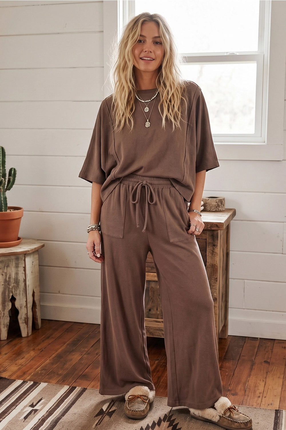 mocha soft knit tops and pants set