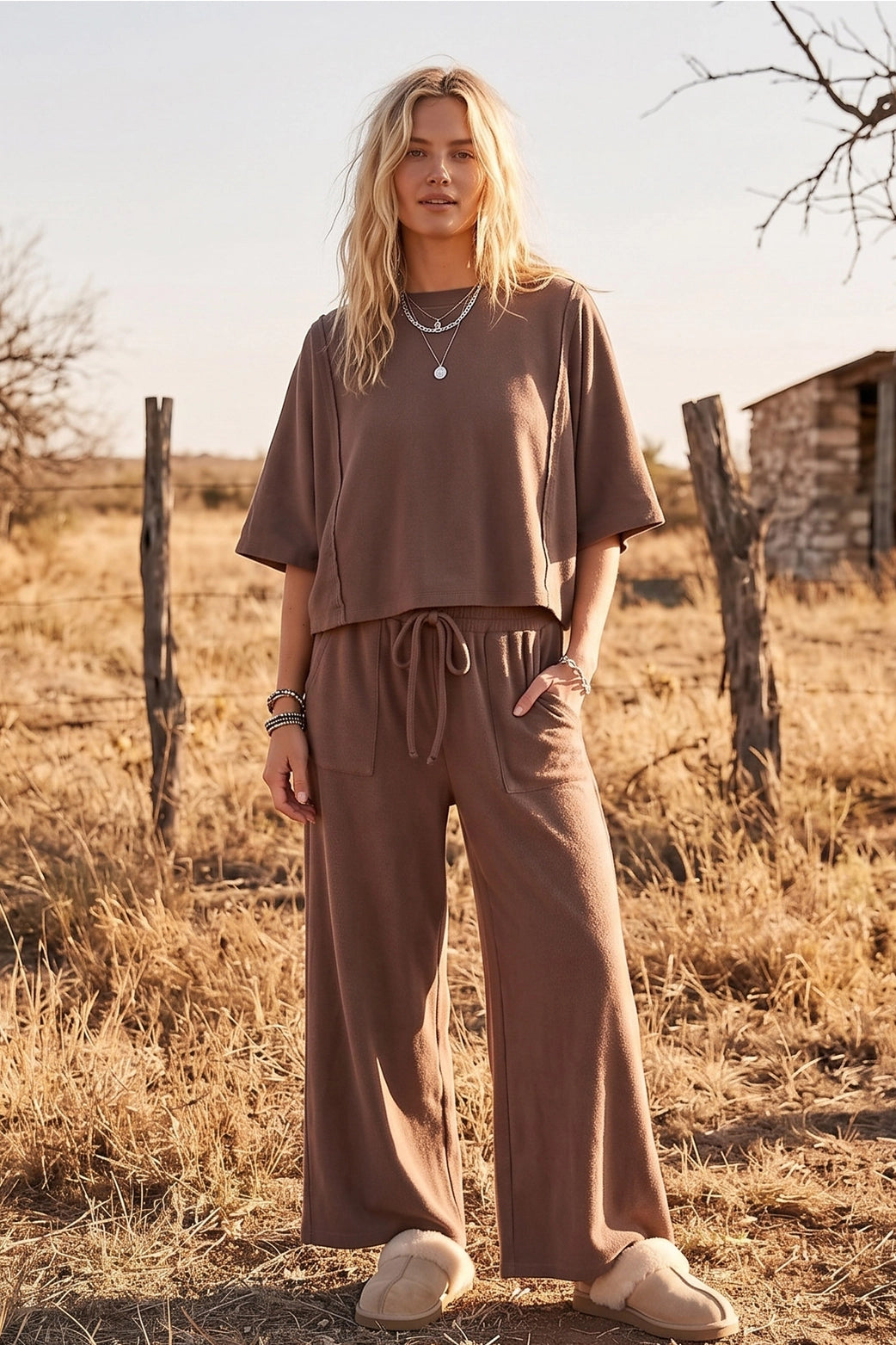 mocha brown soft knit pants matching set