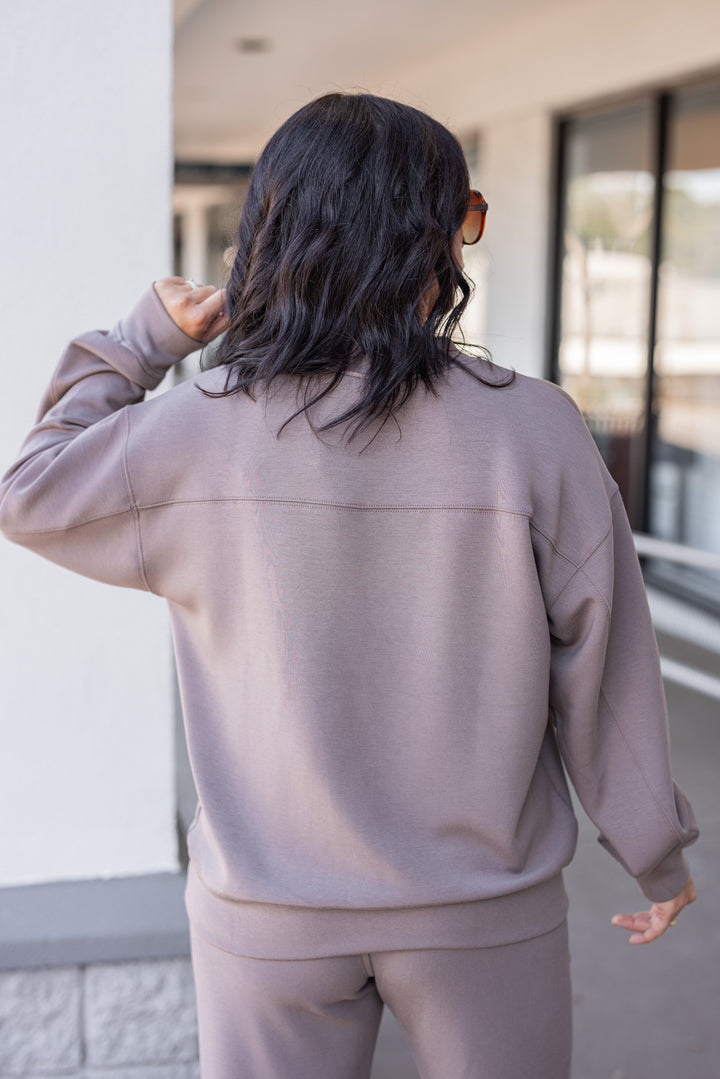 Mocha scuba knit mock neck pullover top by Rae Mode showing up close back view