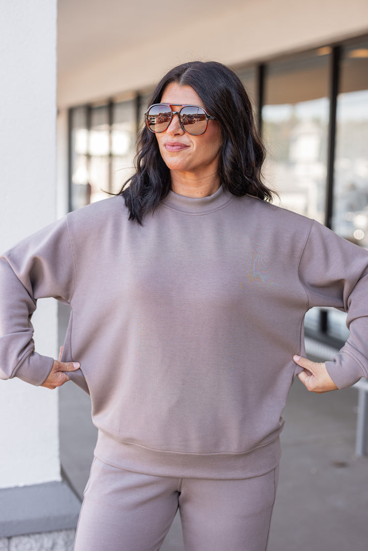 Mocha scuba knit mock neck pullover top by Rae Mode showing true to size fit