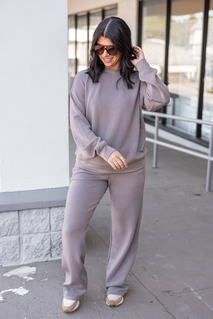 Mocha trendy scuba knit mock neck pullover top by Rae Mode shown with matching pants