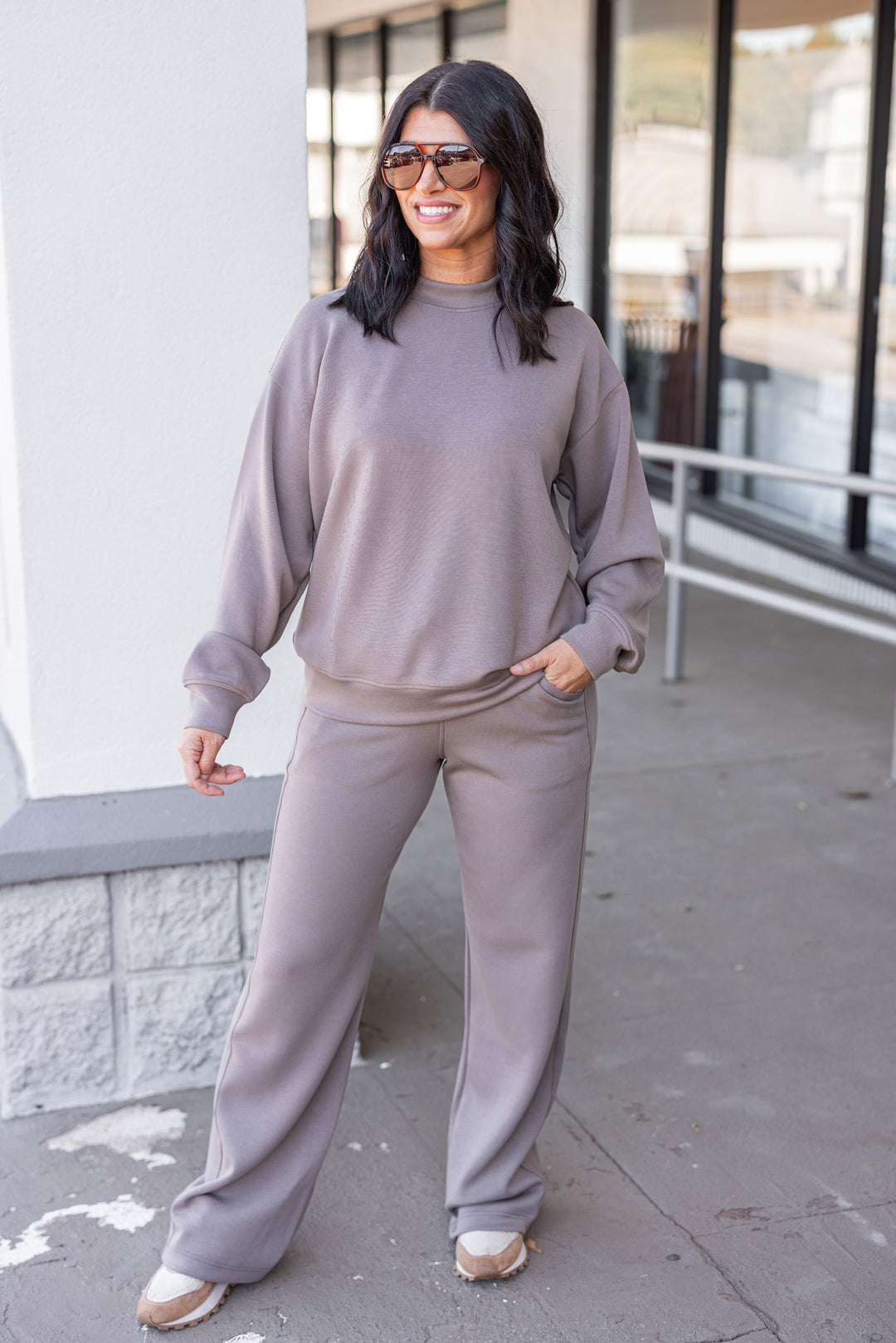 Mocha scuba knit mock neck pullover top by Rae Mode showing full front view