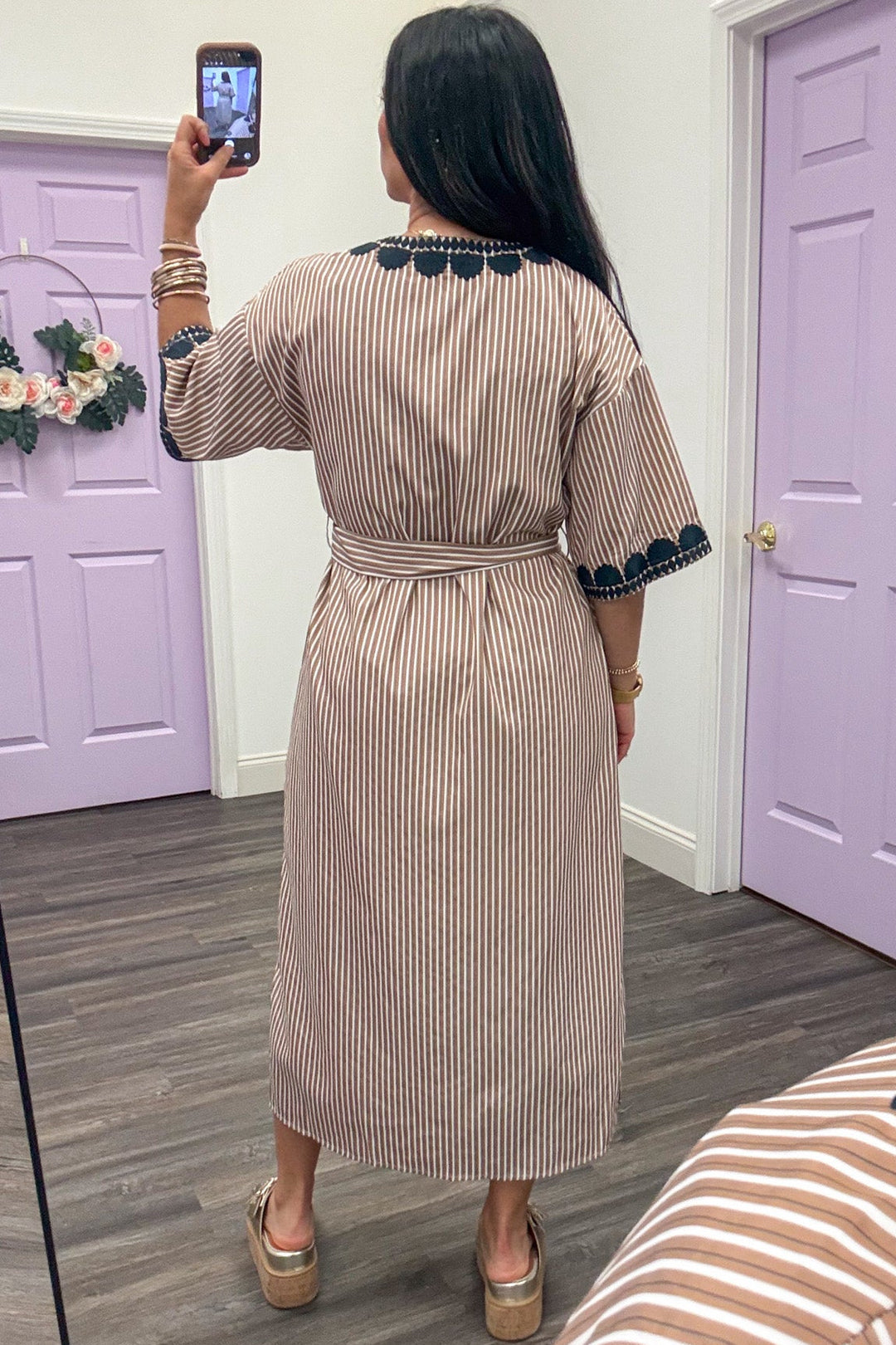 mocha and white striped with navy blue embroidered trim details midi dress with removable self tie belt