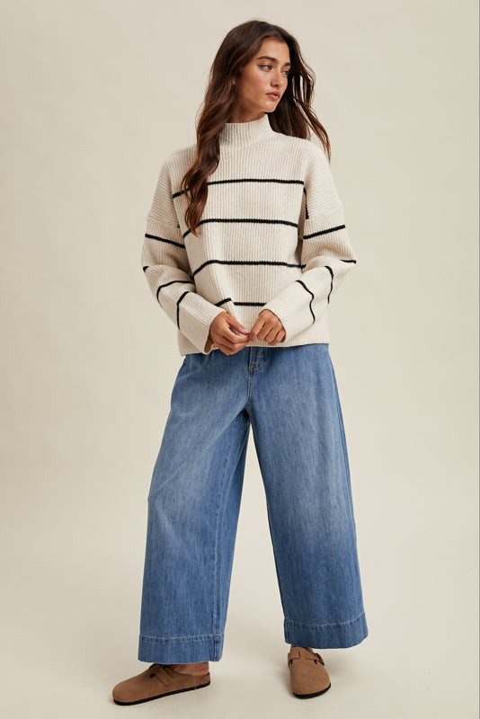 ribbed striped mock neck black ivory sweater full body