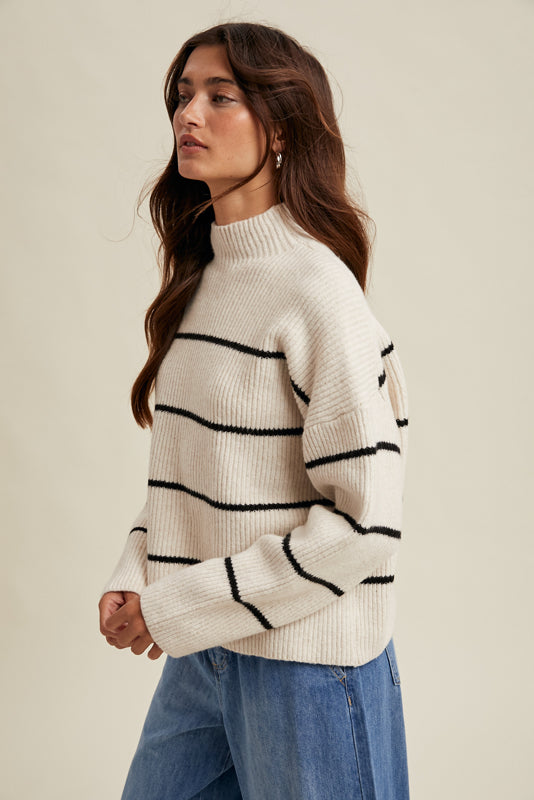 ribbed striped mock neck black ivory sweater side