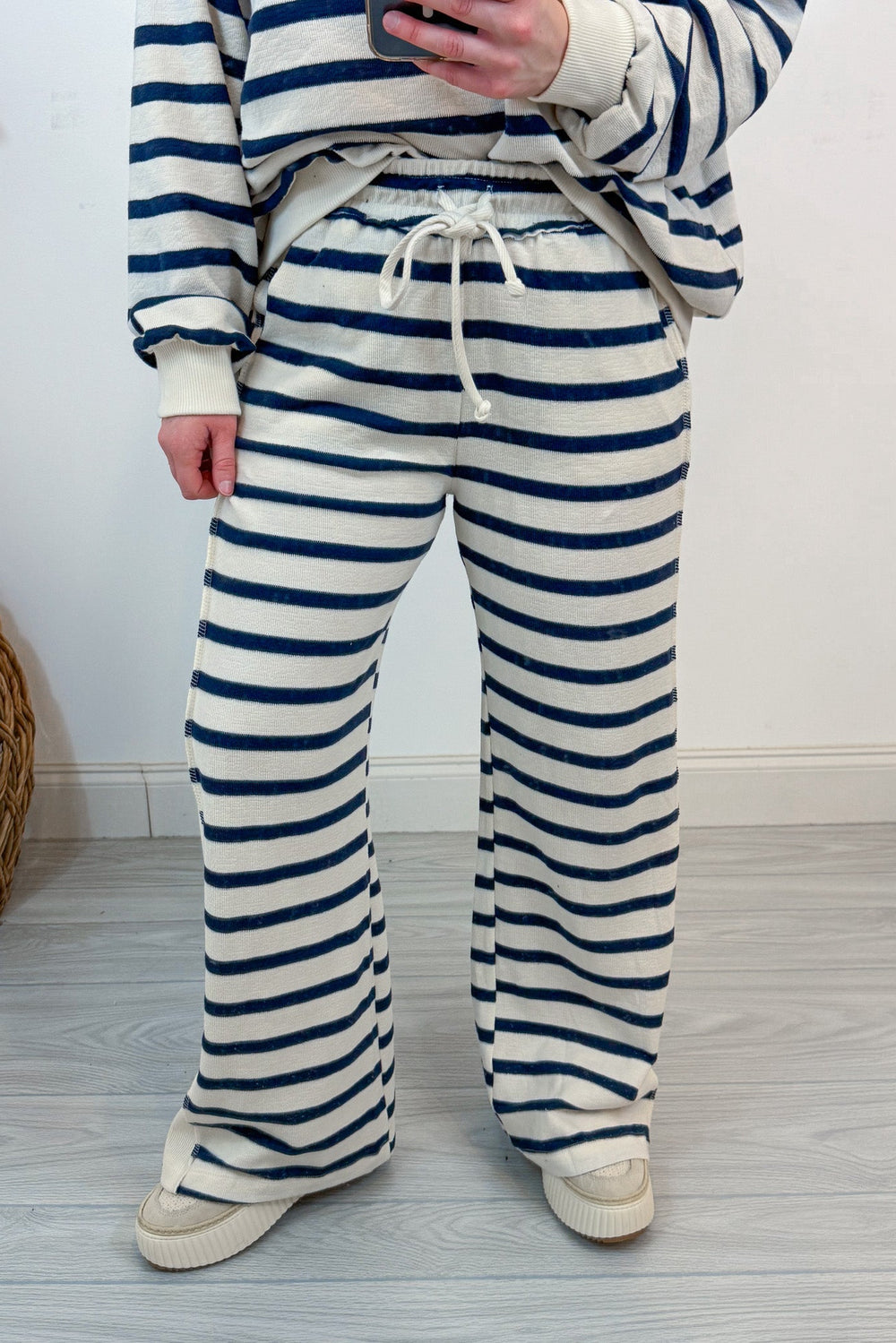 mock neck navy stripe matching top and pants set details