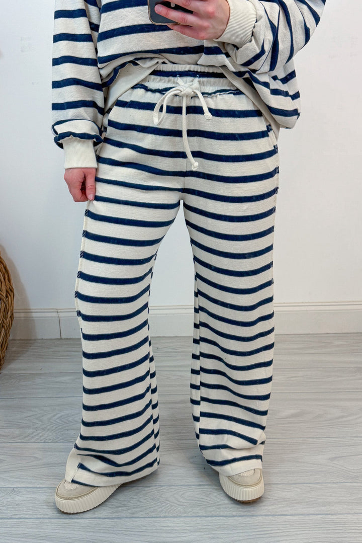 mock neck navy stripe matching top and pants set details
