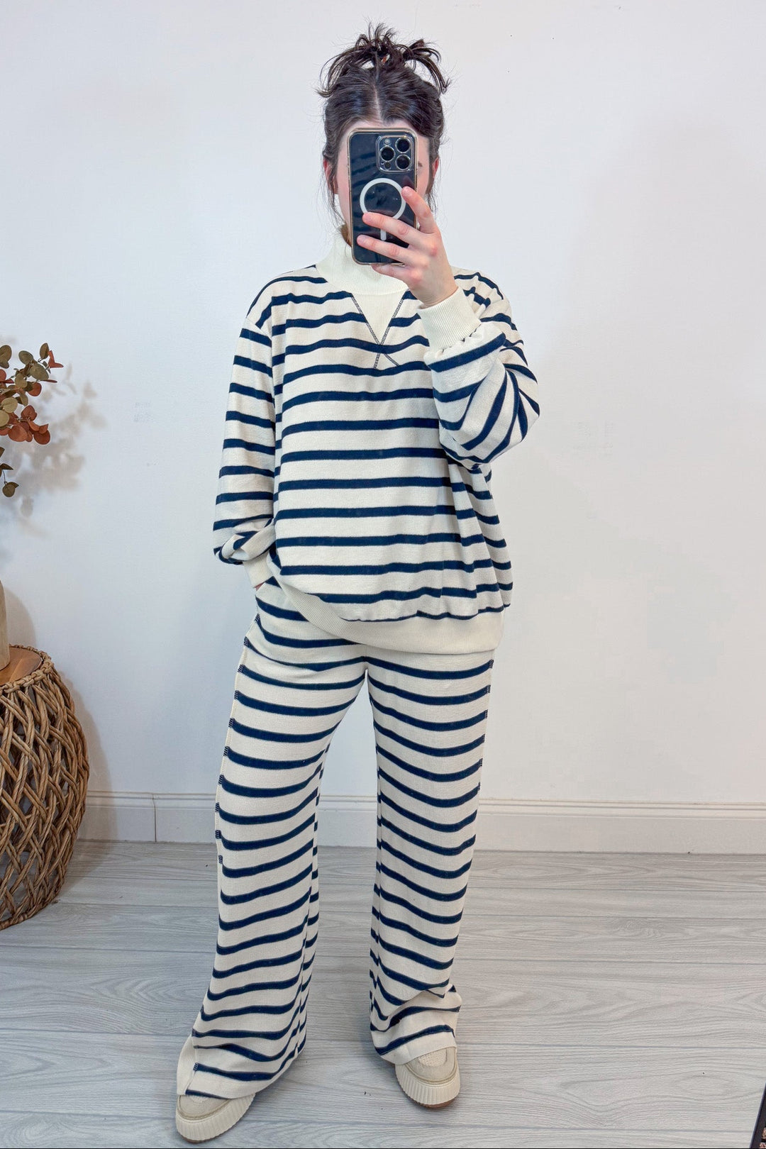 mock neck navy stripe matching top and pants set pockets