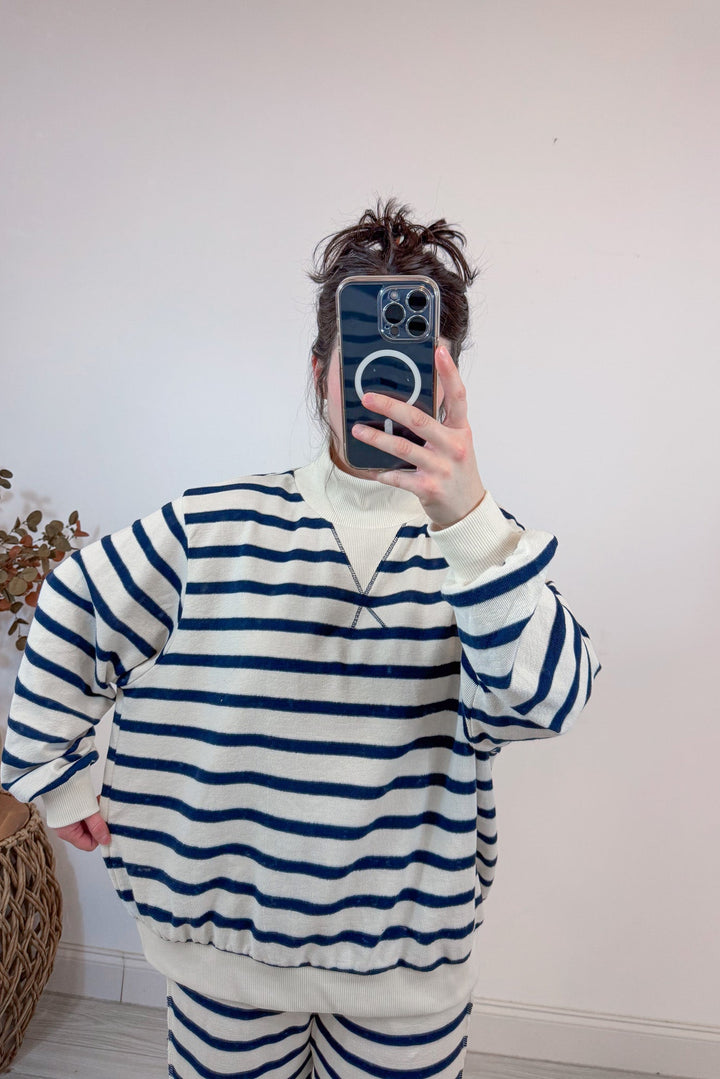 mock neck navy stripe matching top and pants set width