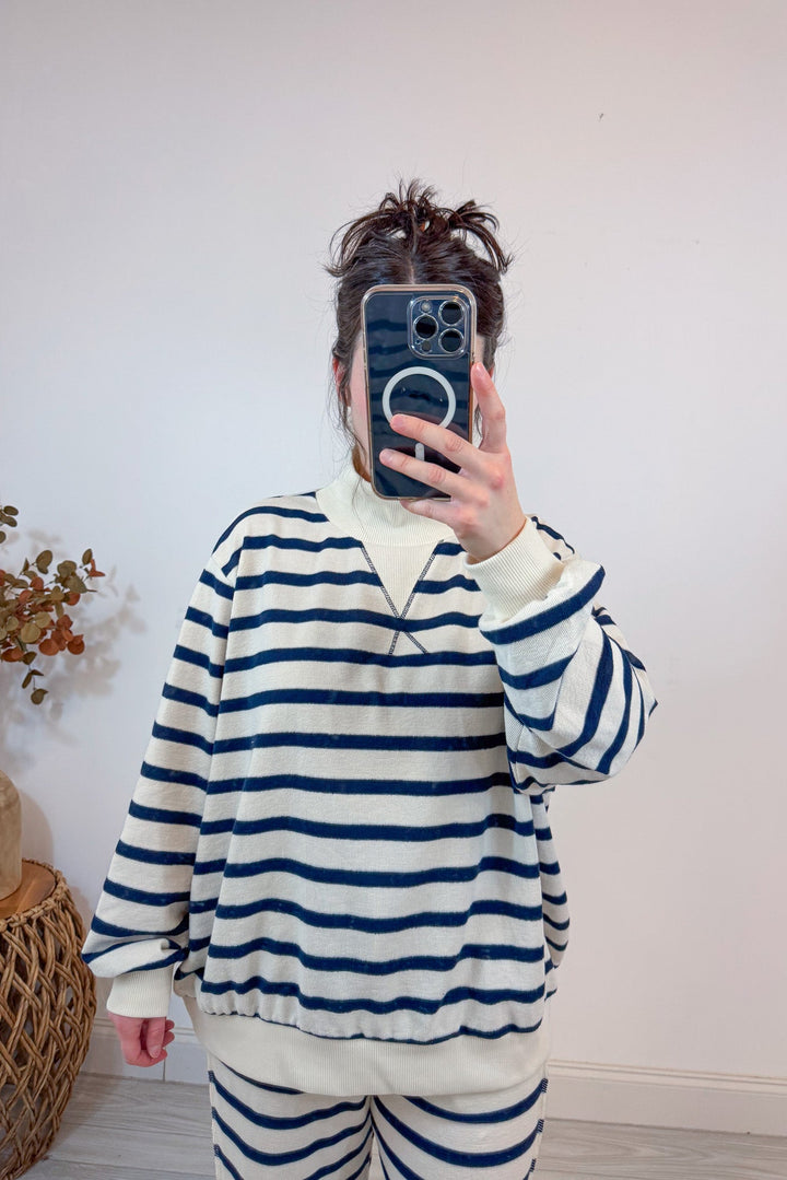 mock neck navy stripe matching top and pants set only