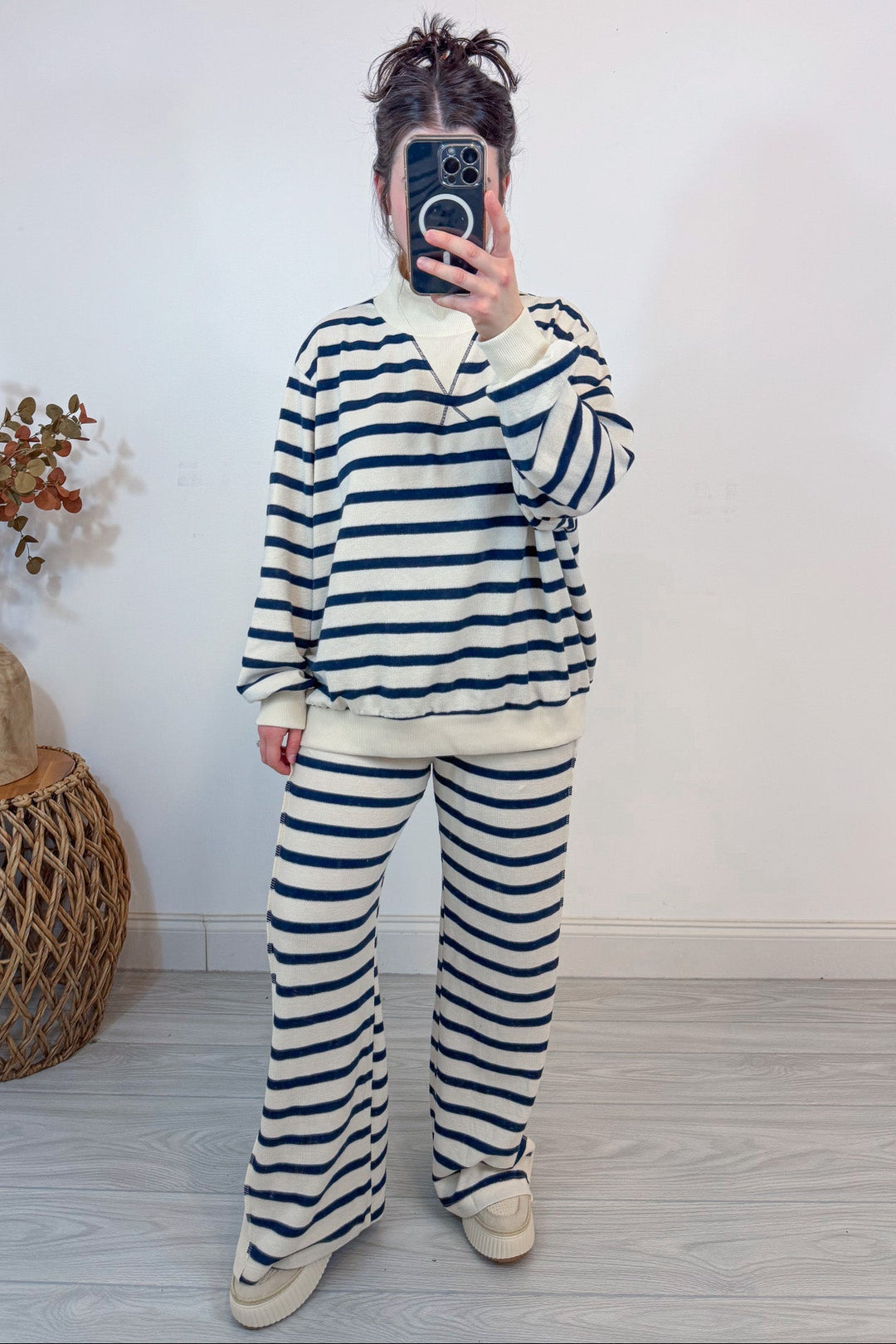 mock neck navy stripe matching top and pants set full