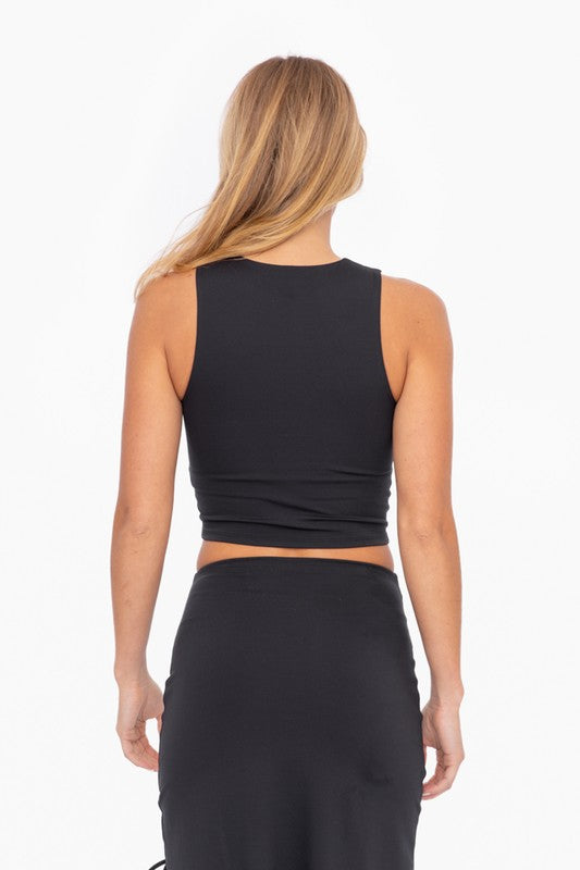 Mono B Venice asymmetric cinch crop top in black