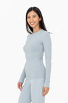 Mono B Essential long sleeve micro-ribbed athleisure top in smoky blue