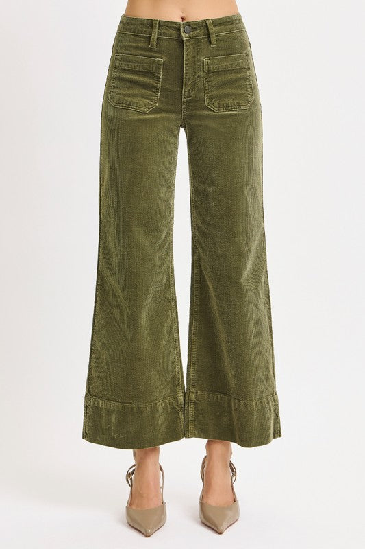 Risen Jeans high rise cropped wide leg corduroy pants in washed moss green