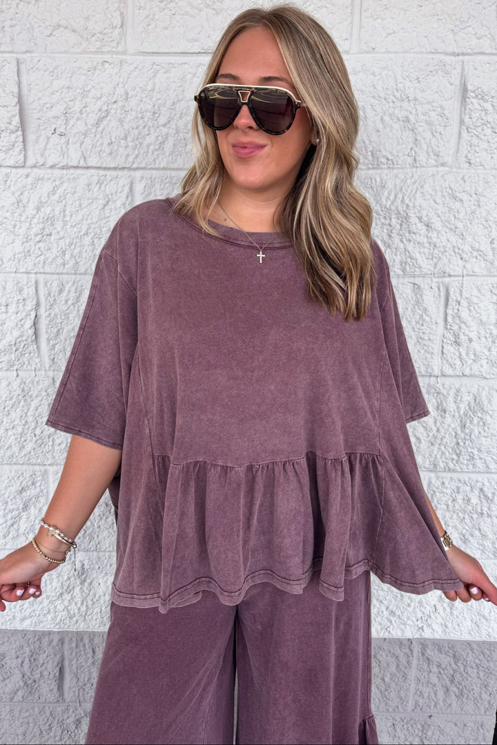 solid washed mulberry dolman sleeve peplum style ruffle hem cotton top