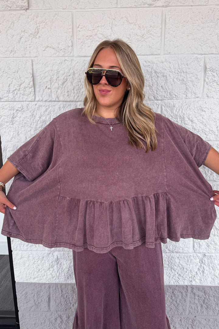 solid washed mulberry dolman sleeve peplum style ruffle hem loose fit cotton top