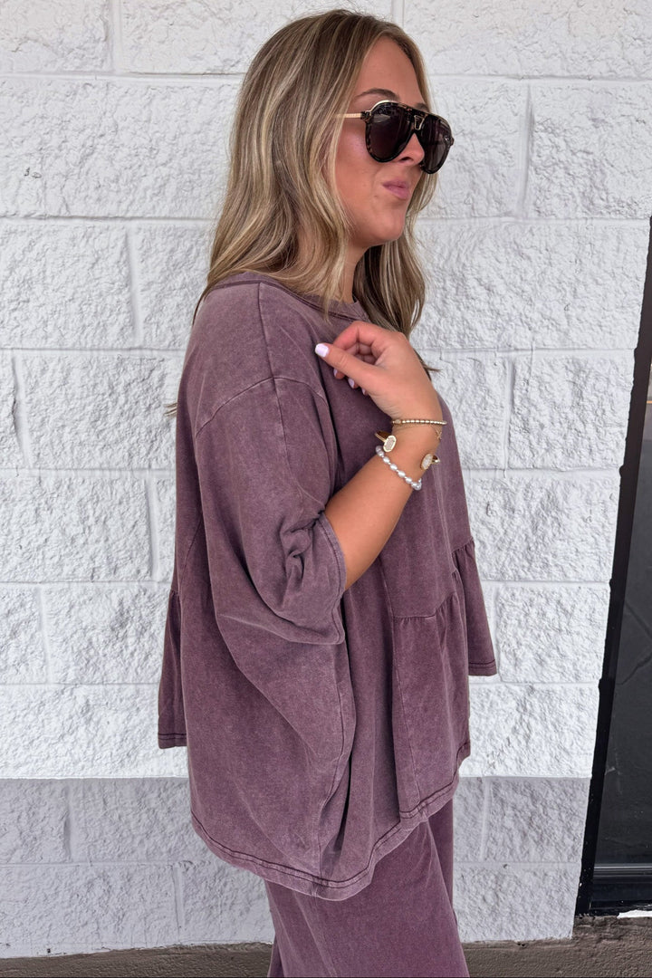 solid washed mulberry dolman sleeve peplum style ruffle hem lightweight cotton top