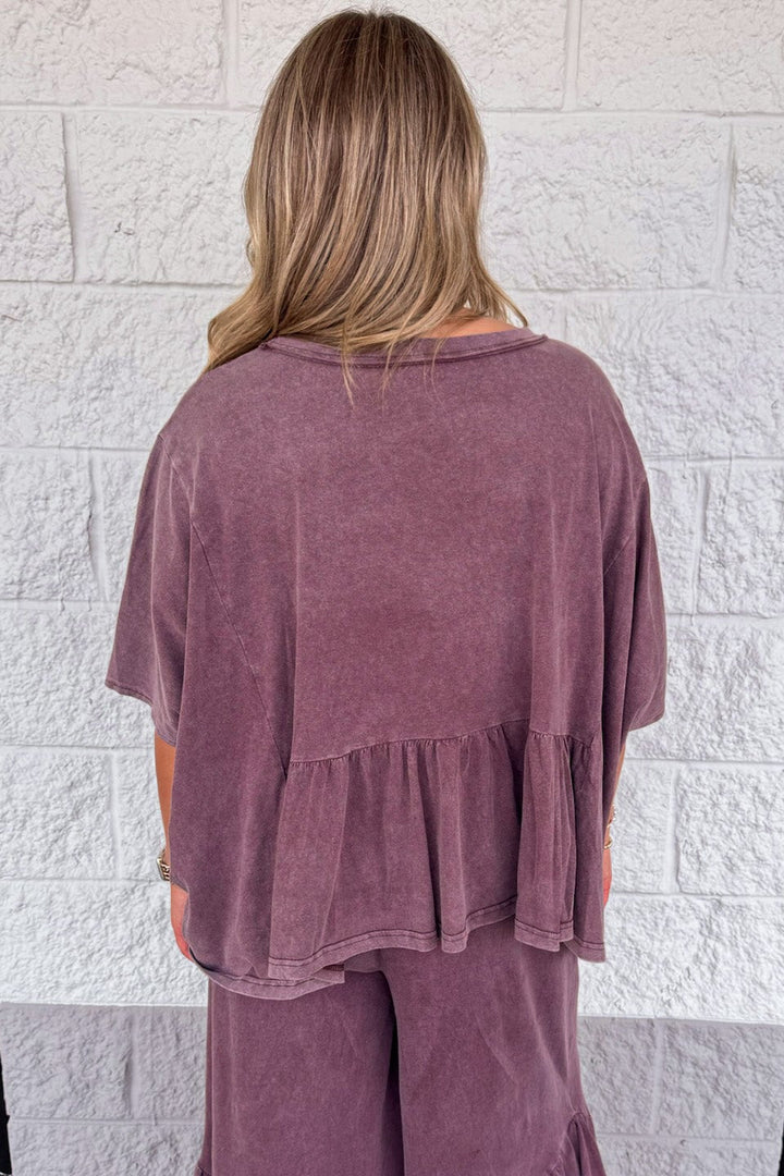 solid washed mulberry dolman sleeve peplum style ruffled bottom hem cotton top