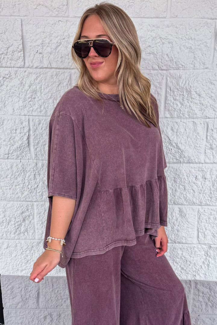 solid washed mulberry short dolman sleeve peplum style ruffle hem cotton top
