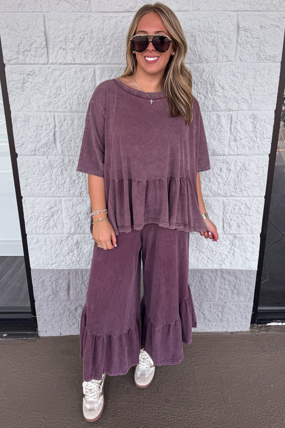 solid washed mulberry dolman sleeve crew neckline peplum style ruffle hem cotton top